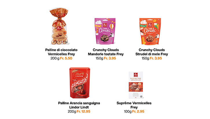 img sett39 Palline di cioccolato Vermicelles Crunchy Clouds Mandorle tostate Crunchy Clouds Strudel di mele Supreme Vermicelles Frey Palline Arancia sanguigna Lindor Lindt